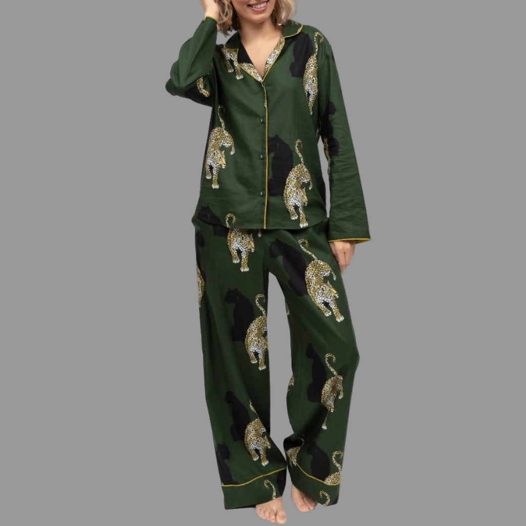 Olive Leopard Print Pyjama Set